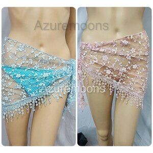 2 Lace Skirt Wraps – Ice Blue & Pink – Metallic Hip Scarves 57"x18"